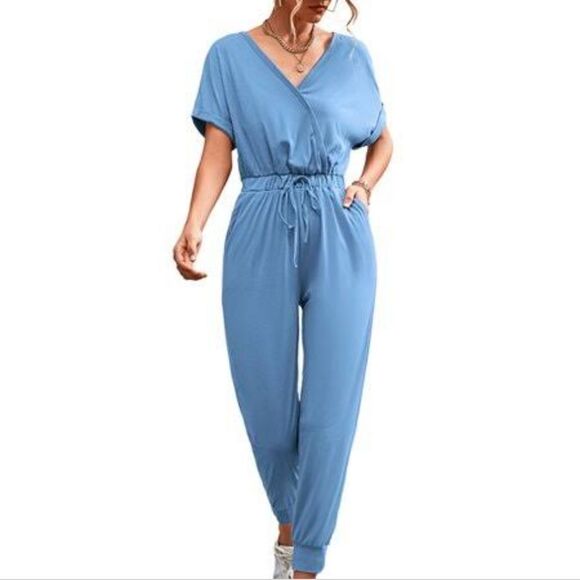 WOMEN'S V-Neck Stretch Elastic Boho Jumpsuits V Neck - Picture 1 of 7